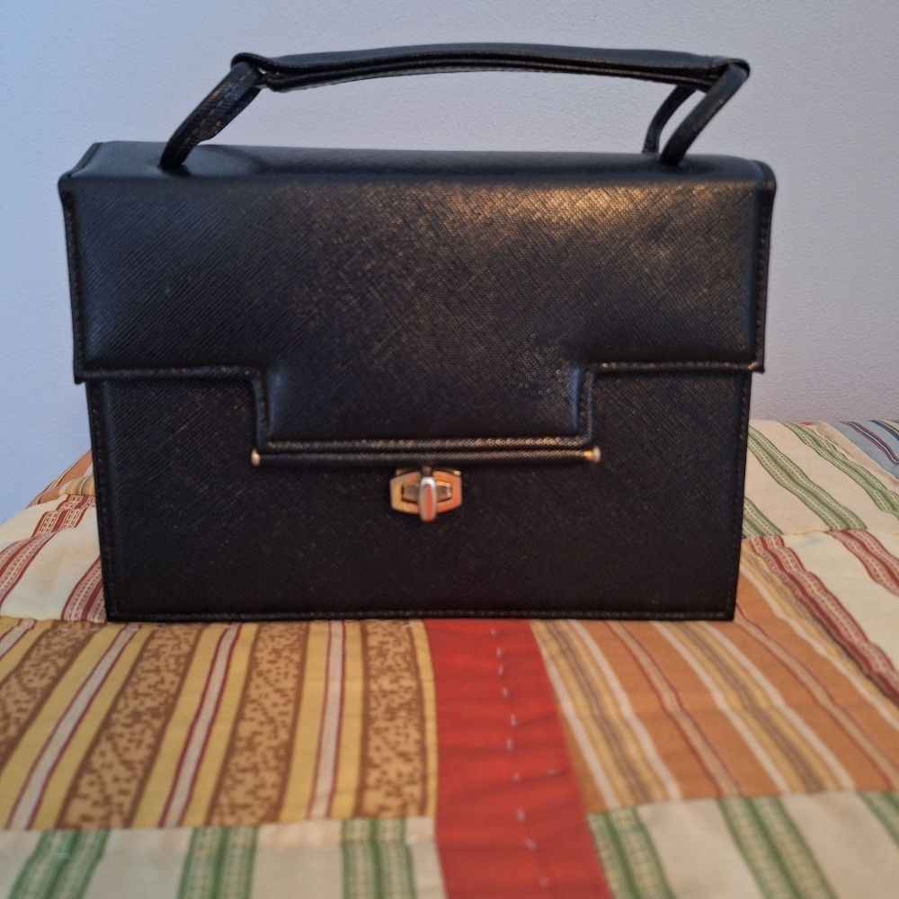 Elegant Top Handle Black Small Handbag With Gold Clasp Multiple Sections